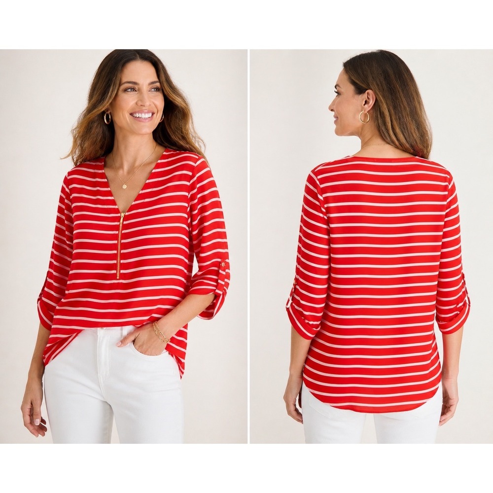 Chico's Red White Striped Blouse Zip Front 3/4 Sleeve Size 2 Top